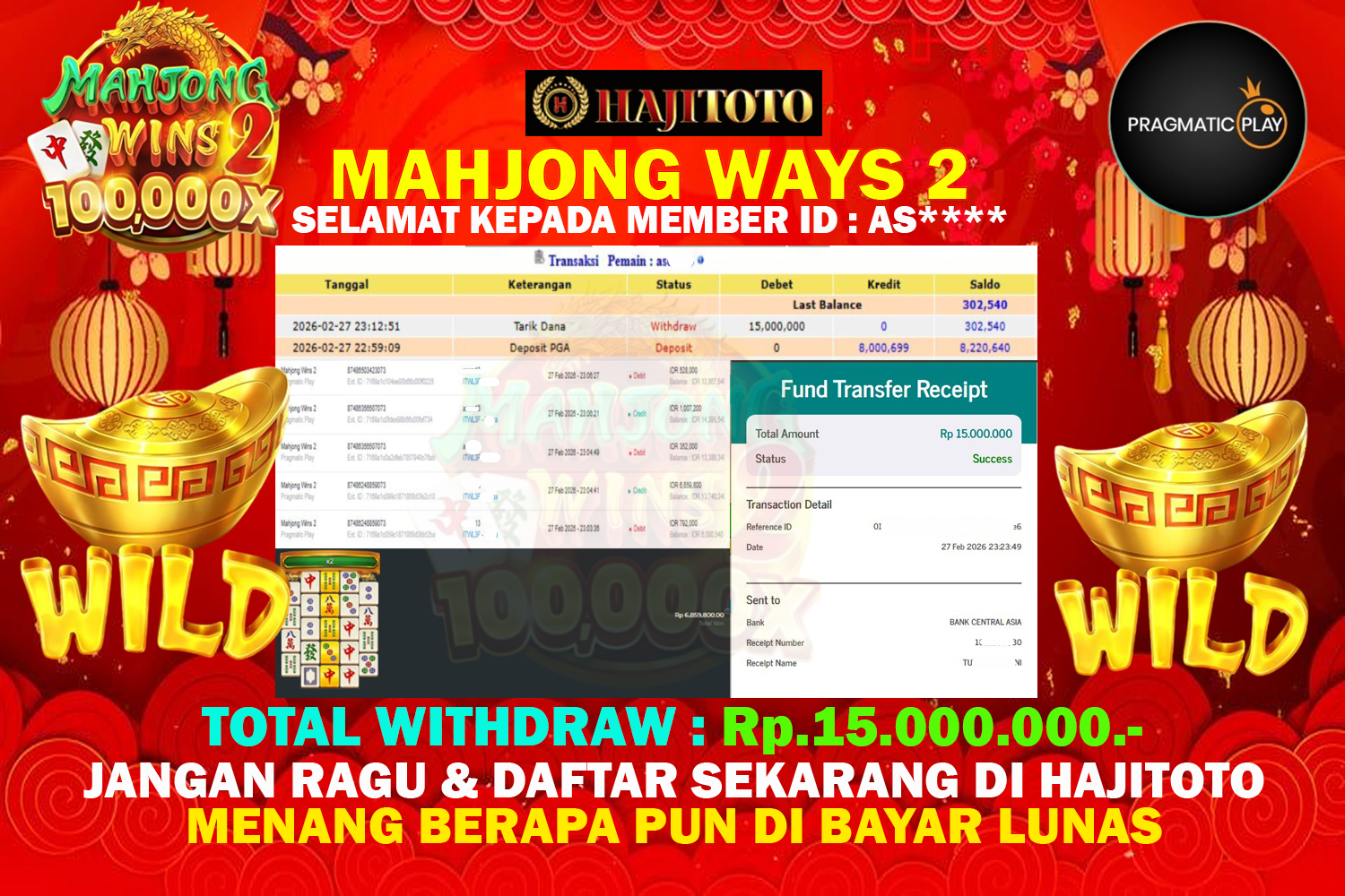 SELAMAT KEPADA PEMENANG MEMBER MERAIH JACKPOT DI GAME SLOT MAHJONG WAYS 2 TOTAL RP 15.000.000 DI BAYAR LUNAS